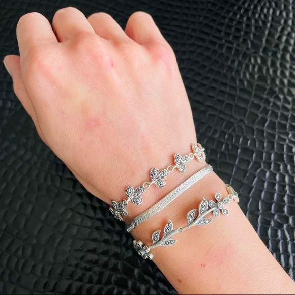 Shiny Marcasite Flower Link Sterling Silver Floral Bracelet - Picture 8 of 12